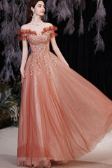 A-Line Tulle Sequins Long Prom Dresses, Off the Shoulder Evening Dresses
