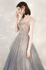 Gray Tulle Beading Long Prom Dresses, A-Line Scoop Neckline Evening Dresses