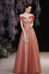 A-Line Tulle Sequins Long Prom Dresses, Off the Shoulder Evening Dresses