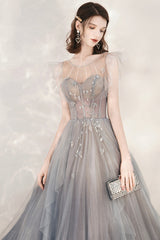 Gray Tulle Beading Long Prom Dresses, A-Line Scoop Neckline Evening Dresses