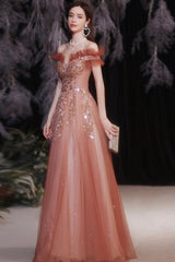 A-Line Tulle Sequins Long Prom Dresses, Off the Shoulder Evening Dresses