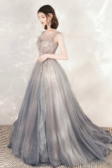 Gray Tulle Beading Long Prom Dresses, A-Line Scoop Neckline Evening Dresses