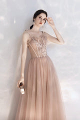 Pink Spaghetti Lace Long Prom Dresses, Cute A-Line Graduation Dresses