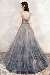 Gray Tulle Beading Long Prom Dresses, A-Line Scoop Neckline Evening Dresses
