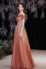 A-Line Tulle Sequins Long Prom Dresses, Off the Shoulder Evening Dresses