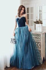 Blue Velvet Tulle Long Formal Evening Dresses, A-Line Graduation Dresses