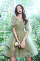 Green Tulle Short Prom Dress, Green A-Line Short Sleeve Party Dress