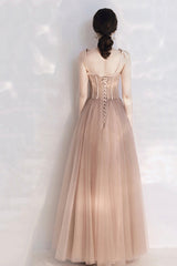 Pink Spaghetti Lace Long Prom Dresses, Cute A-Line Graduation Dresses