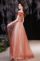 A-Line Tulle Sequins Long Prom Dresses, Off the Shoulder Evening Dresses