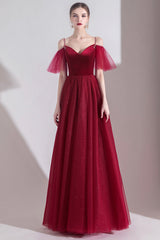 Burgundy Velvet Tulle Long A-Line Prom Dresses, Simple Evening Dresses