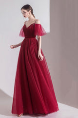 Burgundy Velvet Tulle Long A-Line Prom Dresses, Simple Evening Dresses