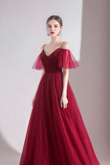 Burgundy Velvet Tulle Long A-Line Prom Dresses, Simple Evening Dresses