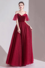 Burgundy Velvet Tulle Long A-Line Prom Dresses, Simple Evening Dresses