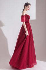 Burgundy Velvet Tulle Long A-Line Prom Dresses, Simple Evening Dresses