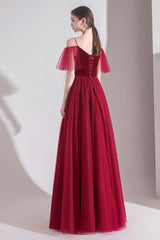 Burgundy Velvet Tulle Long A-Line Prom Dresses, Simple Evening Dresses