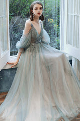 Cute Tulle Lace Long Prom Dress, A-Line Evening Dress