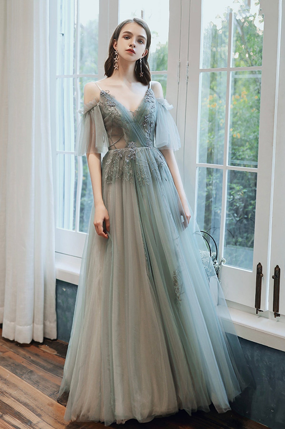 Cute Tulle Lace Long Prom Dress, A-Line Evening Dress