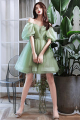 Green Tulle Short Prom Dress, Green A-Line Short Sleeve Party Dress