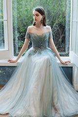 Cute Tulle Lace Long Prom Dress, A-Line Evening Dress