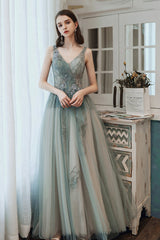 Cute Tulle Lace Long Prom Dress, A-Line Evening Dress