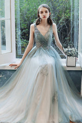 Cute Tulle Lace Long Prom Dress, A-Line Evening Dress