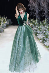 Green Velvet Tulle Long Prom Dresses, V-Neck Green Evening Dresses