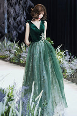 Green Velvet Tulle Long Prom Dresses, V-Neck Green Evening Dresses