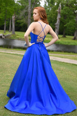 Blue Satin Long A-Line Prom Dress, V-Neck Evening Party Dress