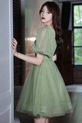 Green Tulle Short Prom Dress, Green A-Line Short Sleeve Party Dress