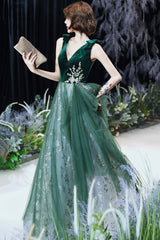 Green Velvet Tulle Long Prom Dresses, V-Neck Green Evening Dresses