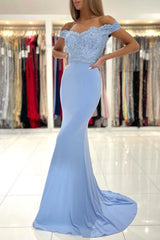 Blue Lace Long Mermaid Prom Dress, Off the Shoulder Evening Dress