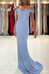 Blue Lace Long Mermaid Prom Dress, Off the Shoulder Evening Dress