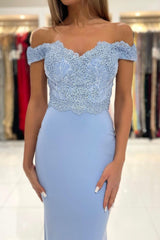 Blue Lace Long Mermaid Prom Dress, Off the Shoulder Evening Dress