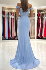 Blue Lace Long Mermaid Prom Dress, Off the Shoulder Evening Dress