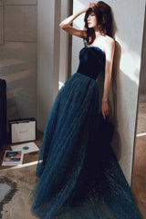 Blue Velvet Tulle Long Formal Evening Dresses, A-Line Graduation Dresses