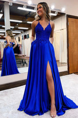 A-Line Lace Long Prom Dress, V-Neck Evening Dress with Pockets