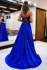 A-Line Lace Long Prom Dress, V-Neck Evening Dress with Pockets