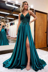 A-Line Lace Long Prom Dress, V-Neck Evening Dress with Pockets