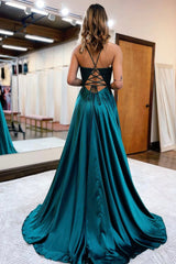 A-Line Lace Long Prom Dress, V-Neck Evening Dress with Pockets