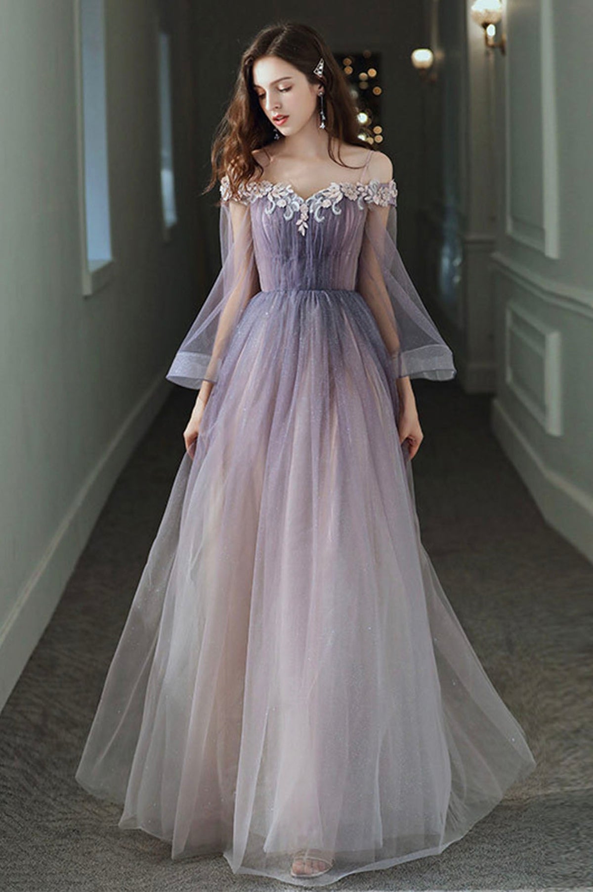 Purple Tulle Lace Long Prom Dress, Ombre Tulle Evening Dress