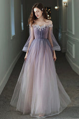 Purple Tulle Lace Long Prom Dress, Ombre Tulle Evening Dress