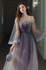 Purple Tulle Lace Long Prom Dress, Ombre Tulle Evening Dress