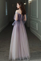 Purple Tulle Lace Long Prom Dress, Ombre Tulle Evening Dress