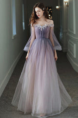 Purple Tulle Lace Long Prom Dress, Ombre Tulle Evening Dress