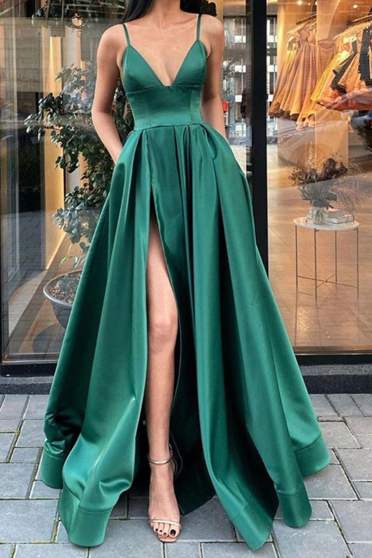 Green Satin Long Prom Dresses, Simple A-Line Evening Dresses