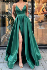 Green Satin Long Prom Dresses, Simple A-Line Evening Dresses