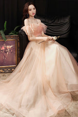 Pink Tulle Off the Shoulder Prom Dresses, A-Line Evening Dress