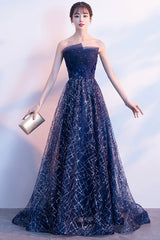 Blue Tulle Sequins Long Prom Dresses, A-Line Strapless Evening Dresses