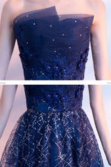 Blue Tulle Sequins Long Prom Dresses, A-Line Strapless Evening Dresses