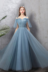 Blue Tulle Long Prom Dresses, A-Line Simple Evening Dresses